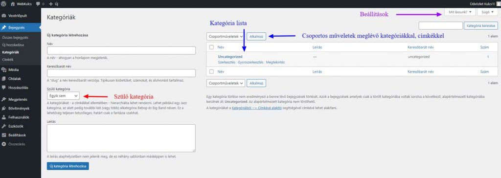 WordPress Admin - Bejegyzés - Kategóriák és Címkék