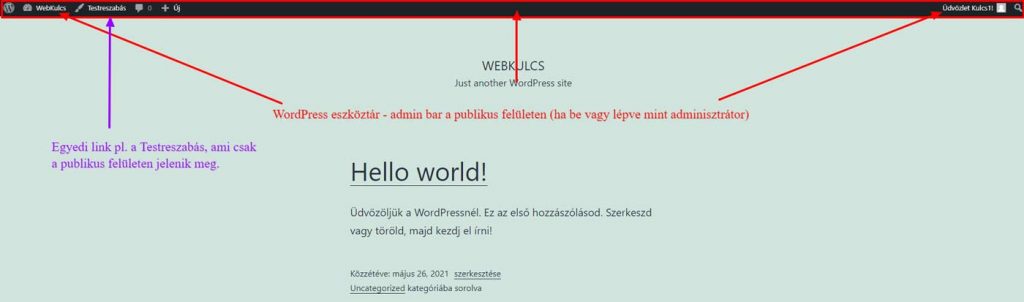 WordPress Admin - Eszköztár, admin bar