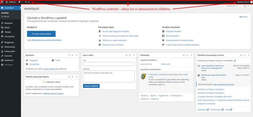 WordPress Admin - Eszköztár, admin bar