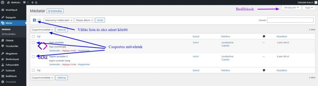 WordPress Admin - Média - Médiatár - lista nézet