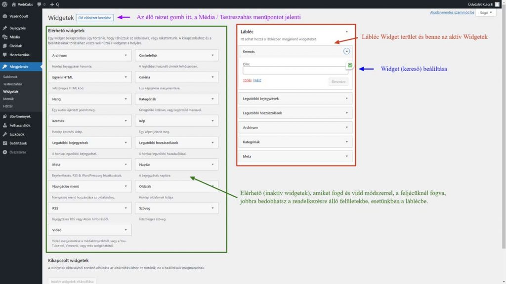 WordPress Admin - Widgetek kezelése