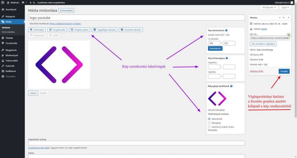 WordPress admin - Kép szerkesztése