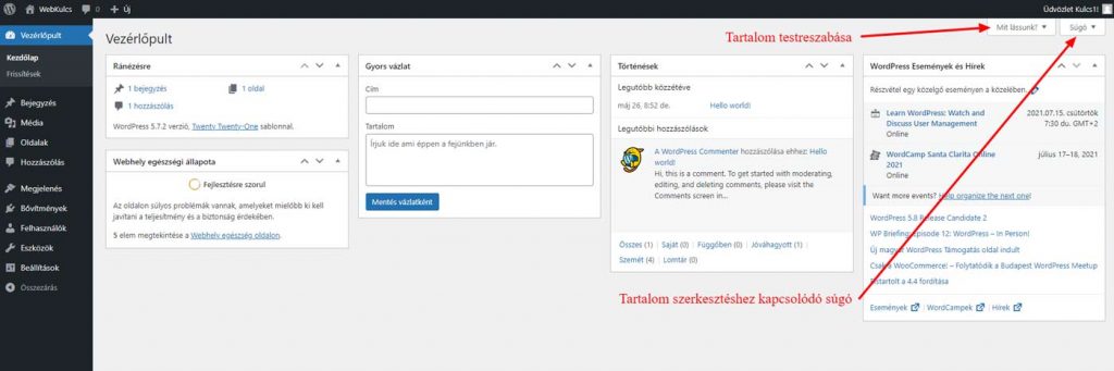 WordPress Admin súgó és tartalom testreszabás