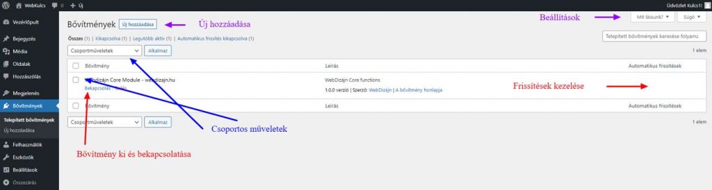 WordPress adminisztráció - Bővítmények kezelése