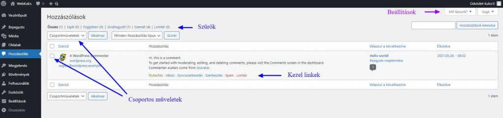 WordPress adminisztráció - Hozzászólások