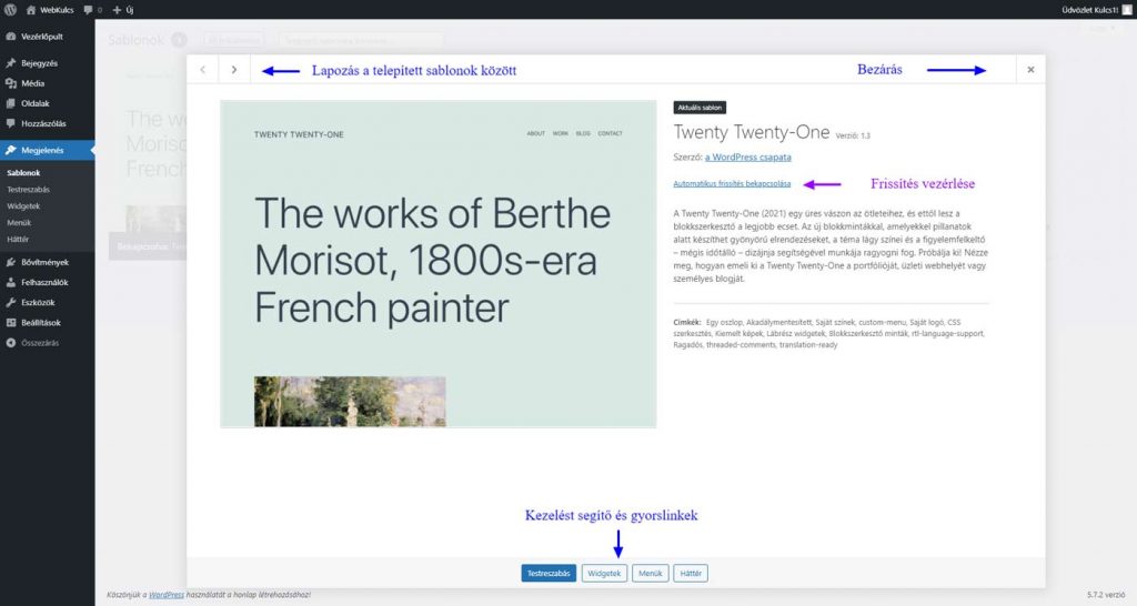 WordPress adminisztráció - Sablon információk