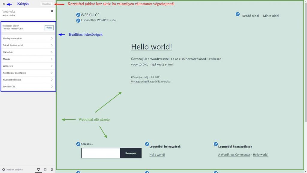 WordPress adminisztráció - Testreszabás, elő nézet