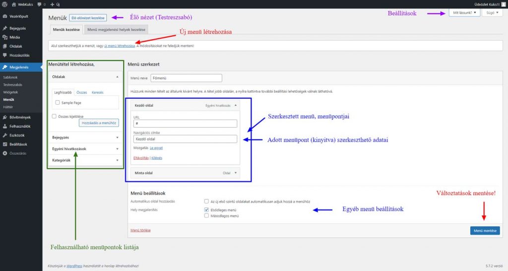 WordPress adminsztráció - Menük és menüpontok kezelése